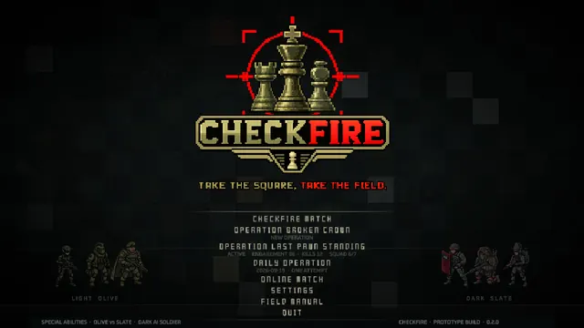 Title screen with the CHECKFIRE wordmark assembled