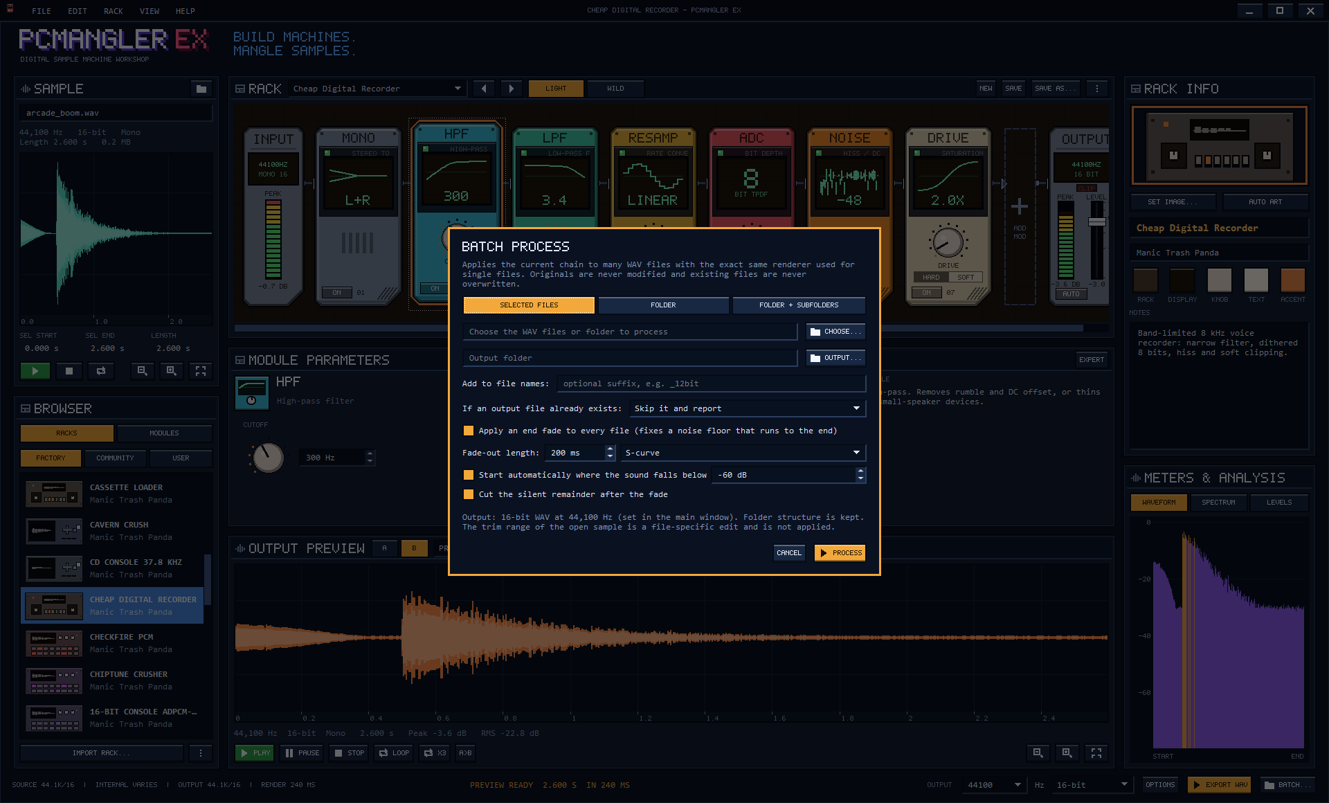 The Batch process dialog over the app: choose selected files, a folder or a folder with subfolders, an output folder, a suffix, what to do with existing files, and an optional end fade for every file.