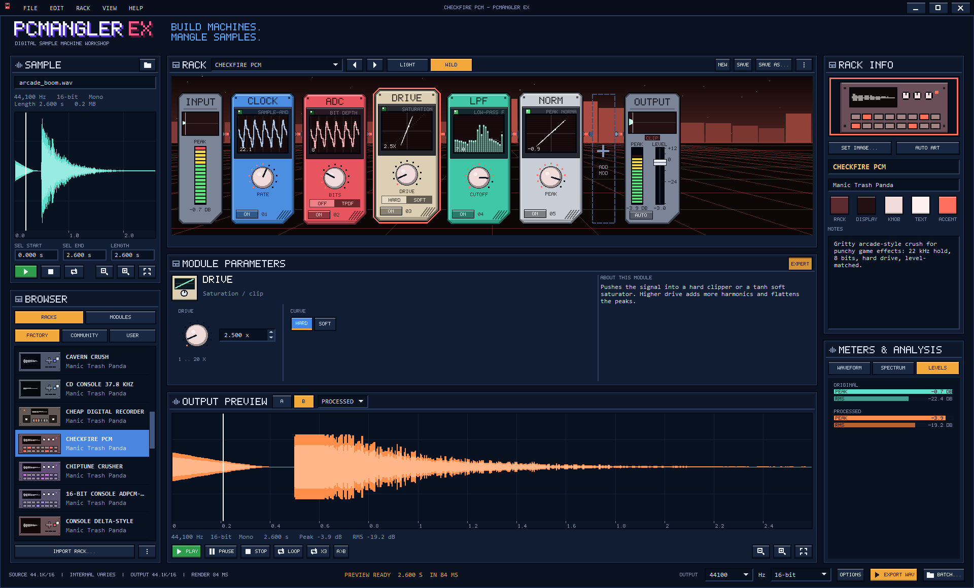 The CHECKFIRE PCM Rack in WILD mode with Expert mode on and the meters panel showing peak and RMS levels.