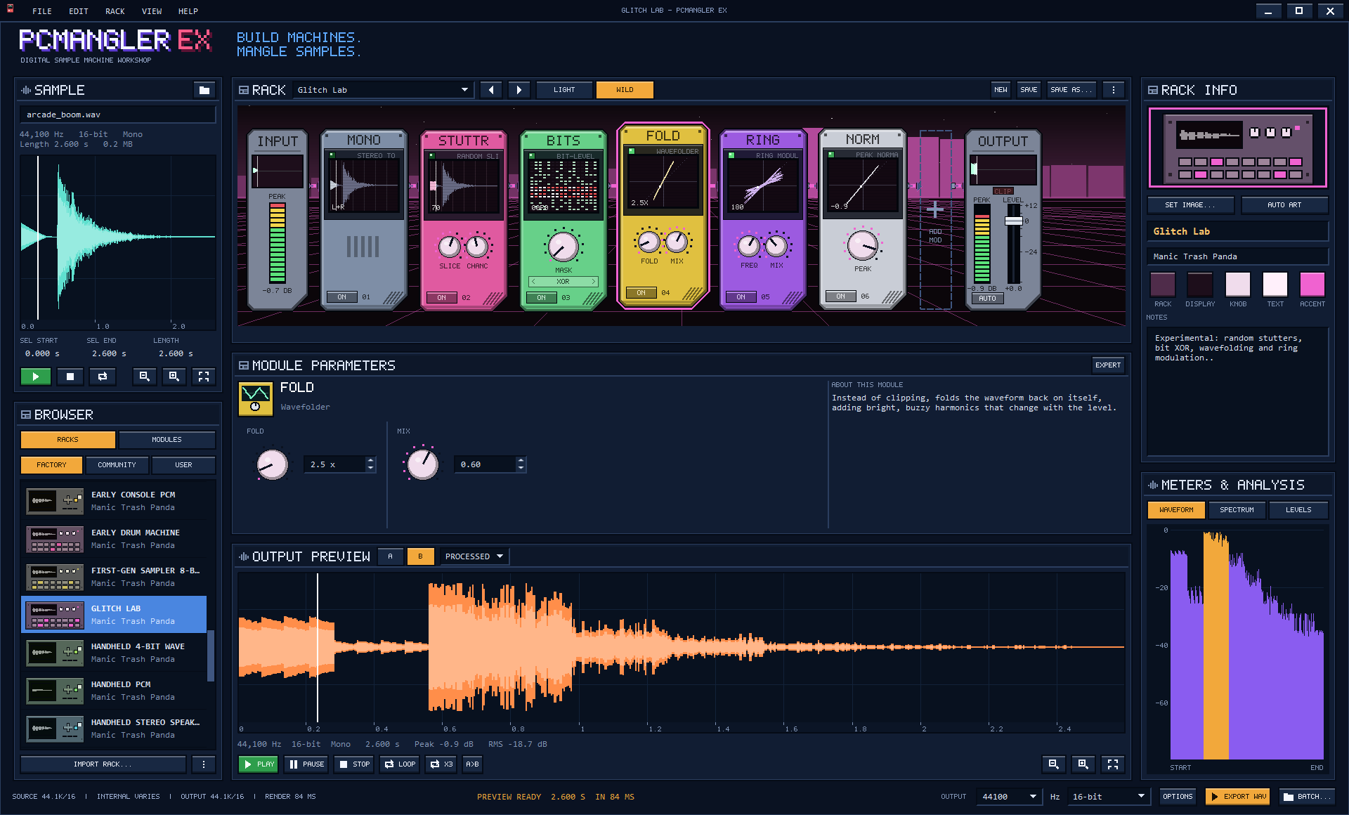 The PCMangler EX window in WILD mode. A chain of colourful handheld modules — stutter, bit mangler, wavefolder, ring modulator and normalize — each with a live visualizer screen, over an animated pink synthwave backdrop. Panels for the sample, the browser of Racks, module parameters, output preview and meters surround it.