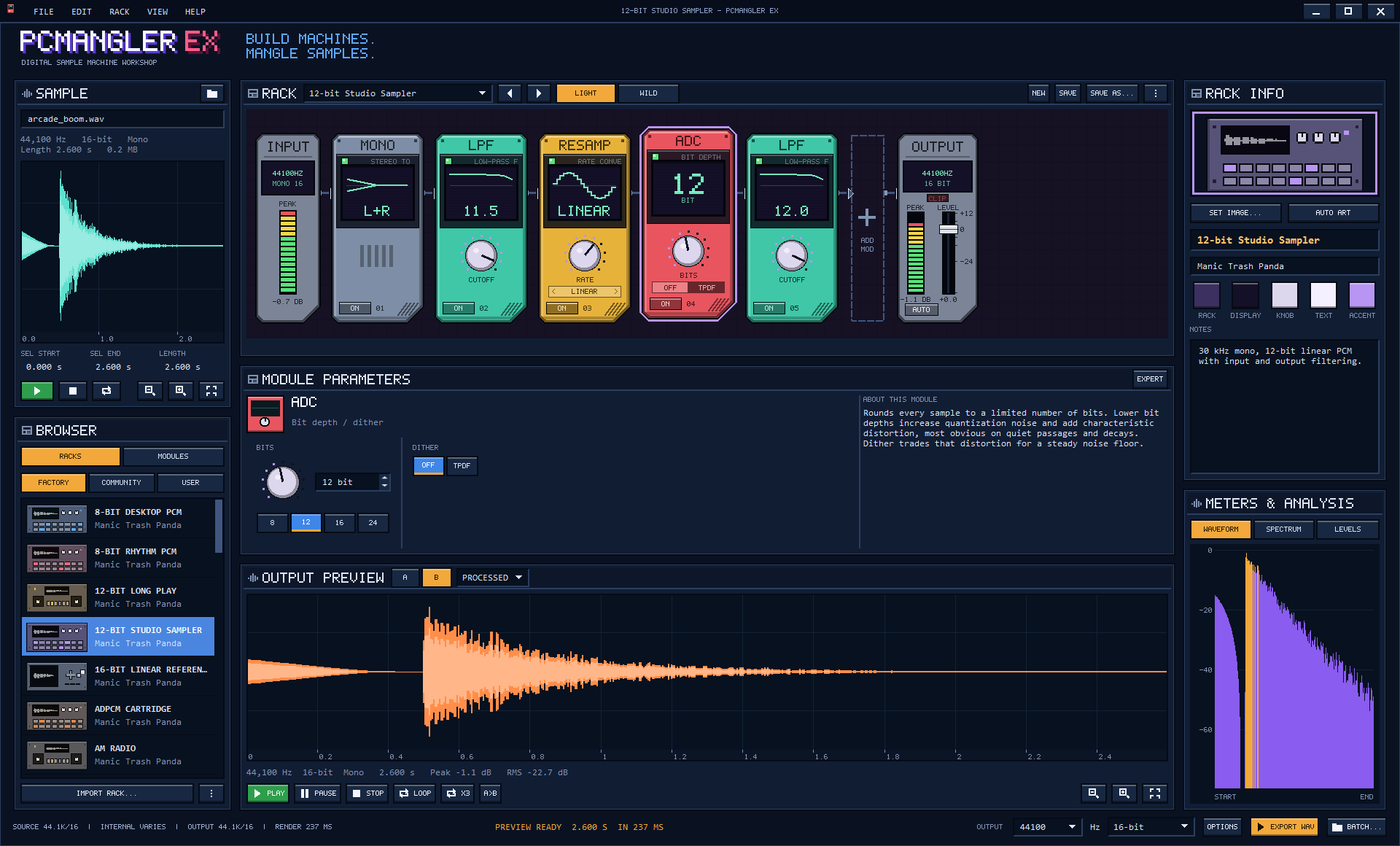 PCMangler EX in LIGHT mode showing the 12-bit Studio Sampler Rack. Each handheld module shows a static screen with its main value or a curve of what it does.