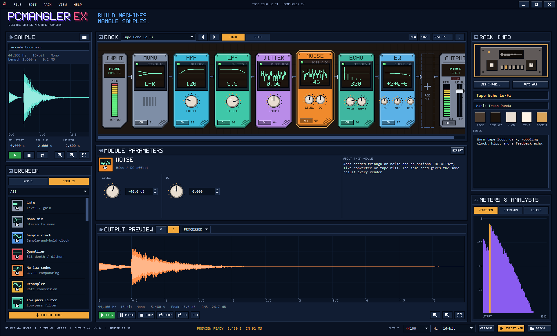 The Modules tab of the browser listing every module with its colour tile and one-line description, next to the Tape Echo Lo-Fi Rack.