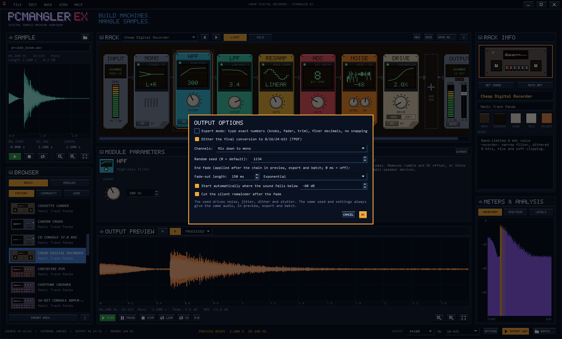 The Output options dialog with Expert mode, dither, channel policy, random seed and end-fade settings.