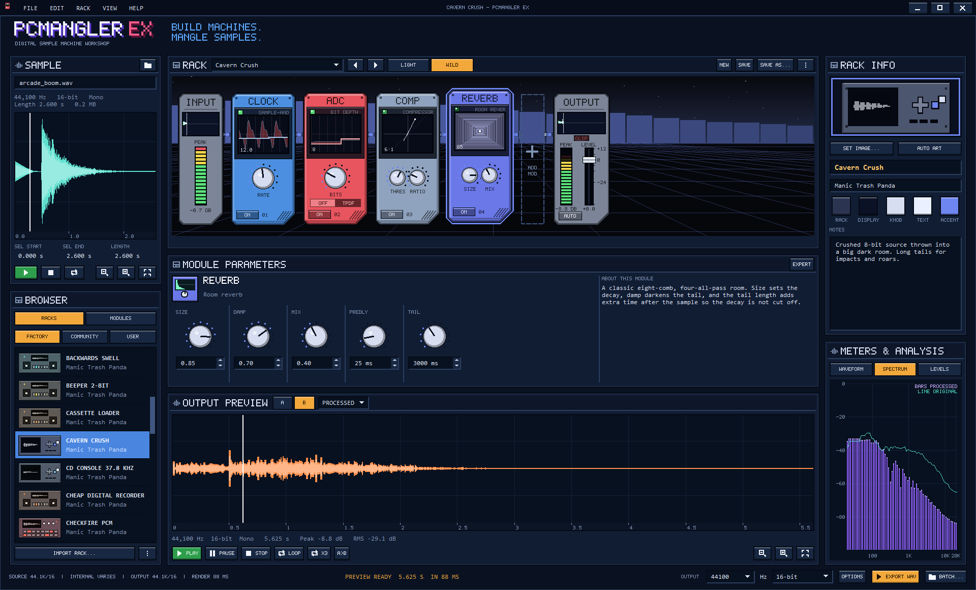 PCMangler EX in WILD mode with the Cavern Crush Rack. The reverb module's screen shows expanding rings, the compressor shows an input against output curve, and the meters panel shows the spectrum.