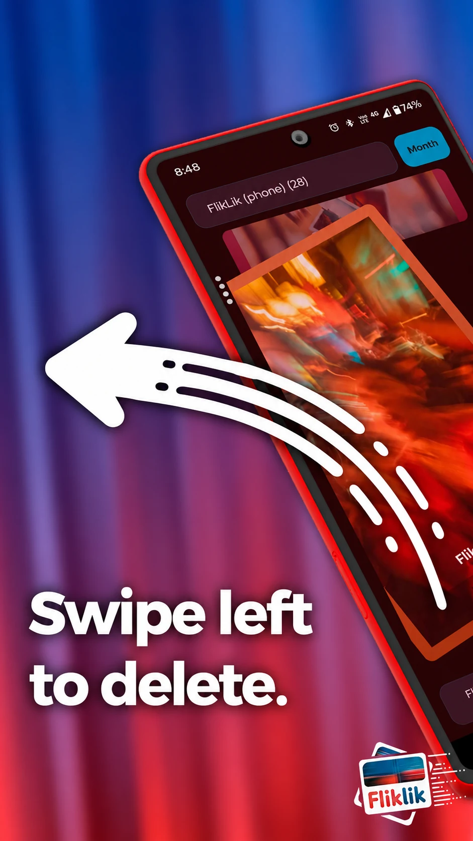 FlikLik promotional screenshot showing a left swipe to queue a photo for deletion