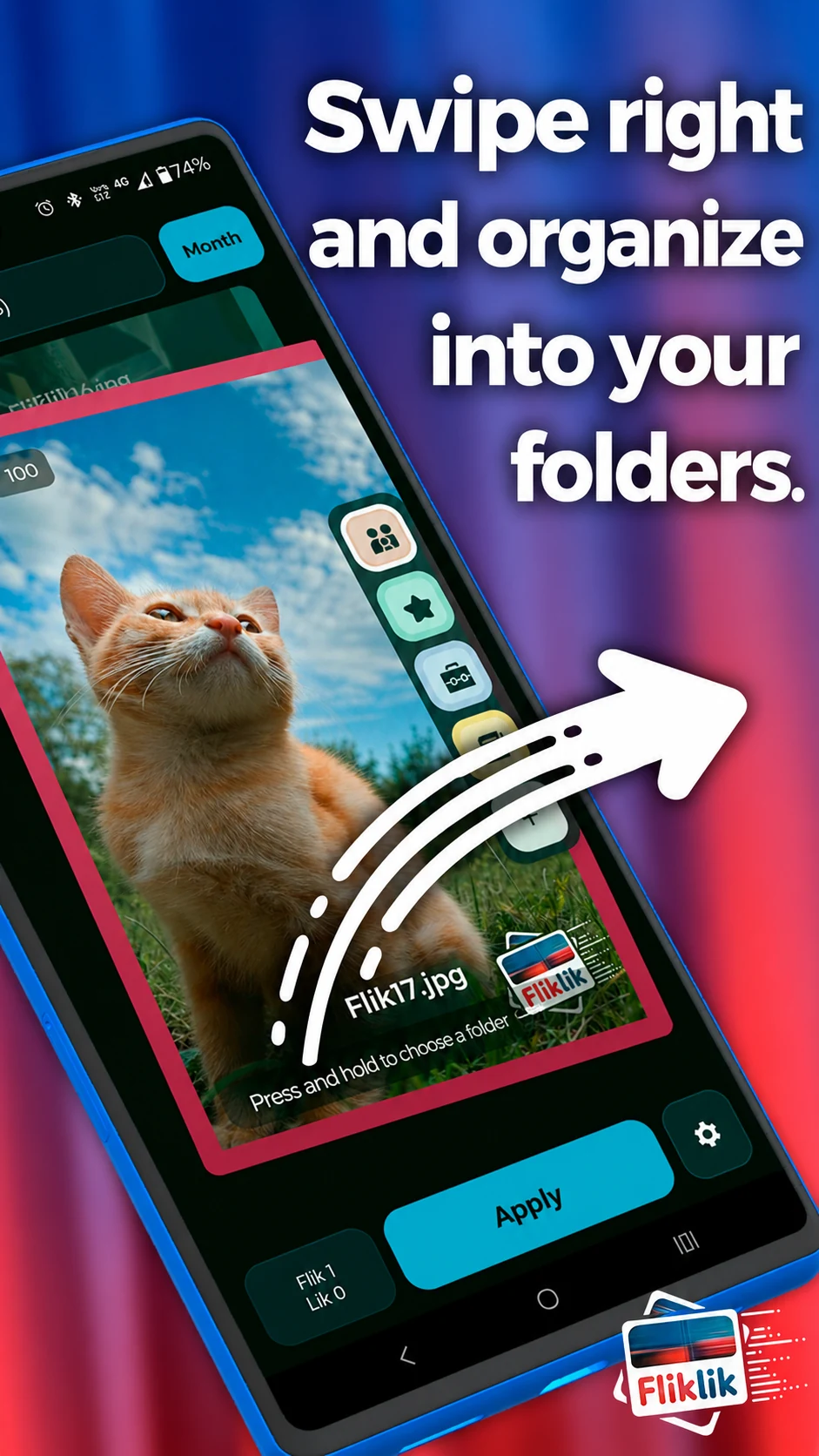 FlikLik promotional screenshot showing a right swipe and destination folder ribbon