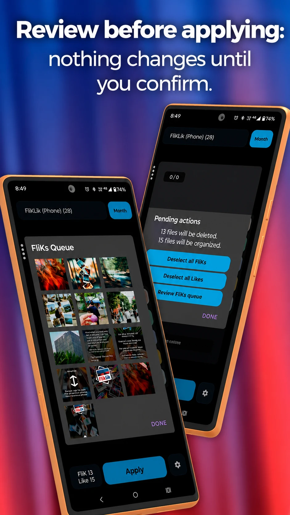 FlikLik promotional screenshot showing the deletion queue and pending actions review