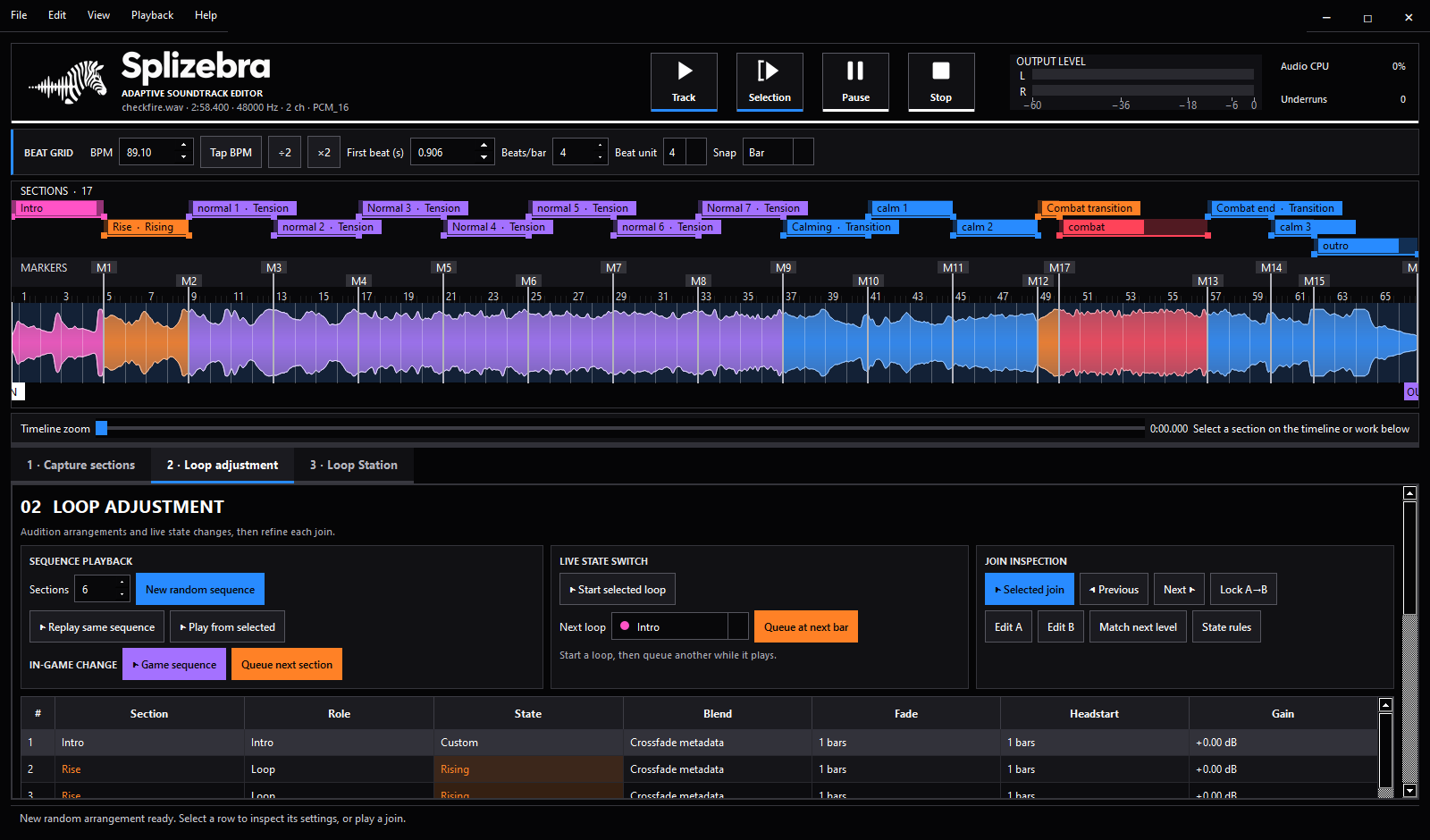 Loop adjustment: sequence playback, live state switch and join inspection panels over a table of sections with blend, fade, headstart and gain.