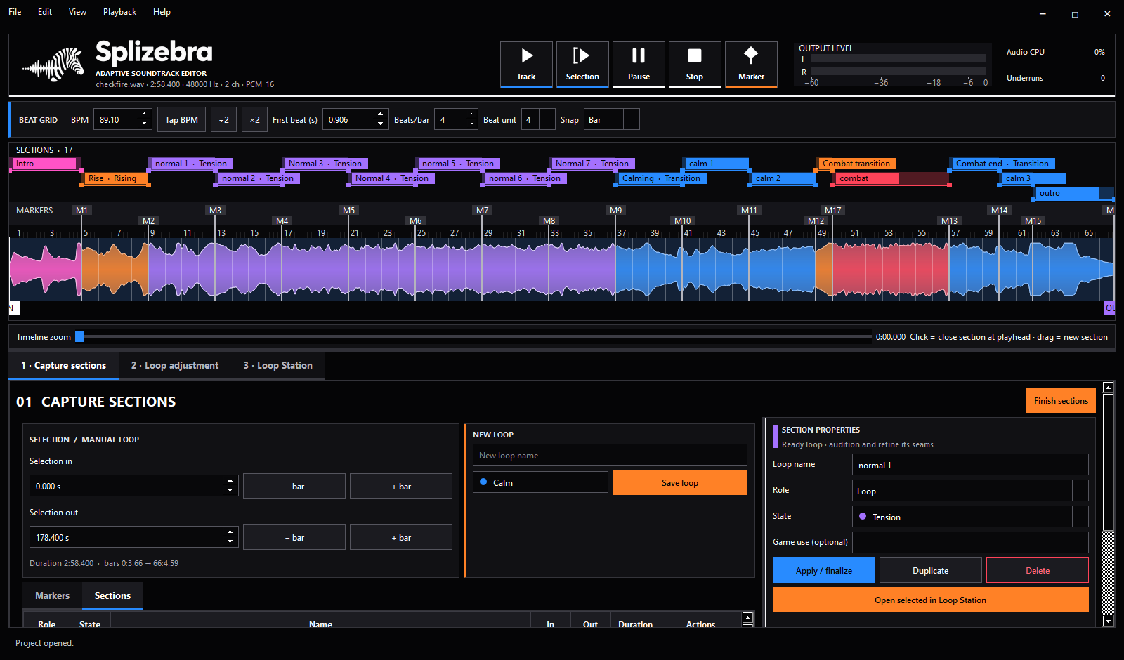 Capture sections: beat grid controls, the section lane, markers and waveform, with the section properties panel open for “normal 1”.