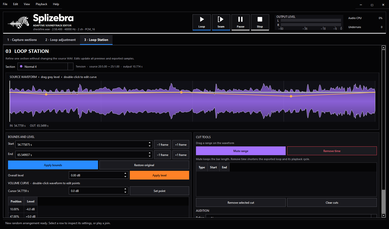 Loop Station: the waveform of “Normal 4” with an orange volume curve, bounds and level controls, and cut tools.